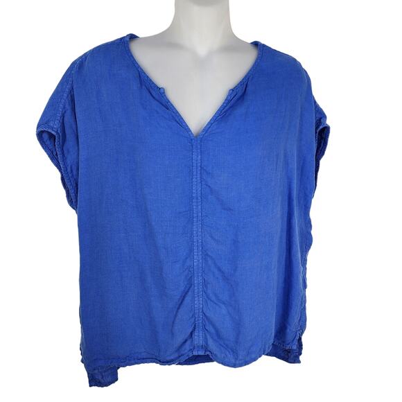 Tahari Womens Top Medium 100% Linen Blouse Hi Low Hem Short Cap Sleeves Blue V - Picture 1 of 8